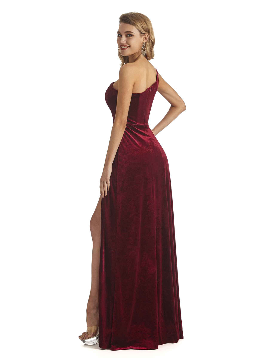 Elegant Mermaid One Shoulder Side Slit Velvet Long Bridesmaid Dresses