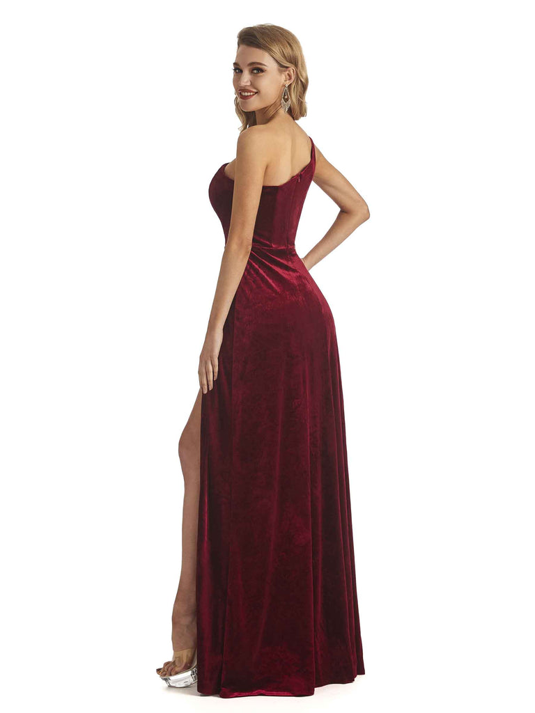 ChicSew Floor Length Gown For Wedding Guest Elegant Mermaid One Shoulder Side Split Velvet Winter Long Wedding Guest Dresses, Gold