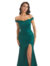 Sexy Soft Satin Off The Shoulder Side Slit Maxi Mermaid Bridesmaid Dresses Online
