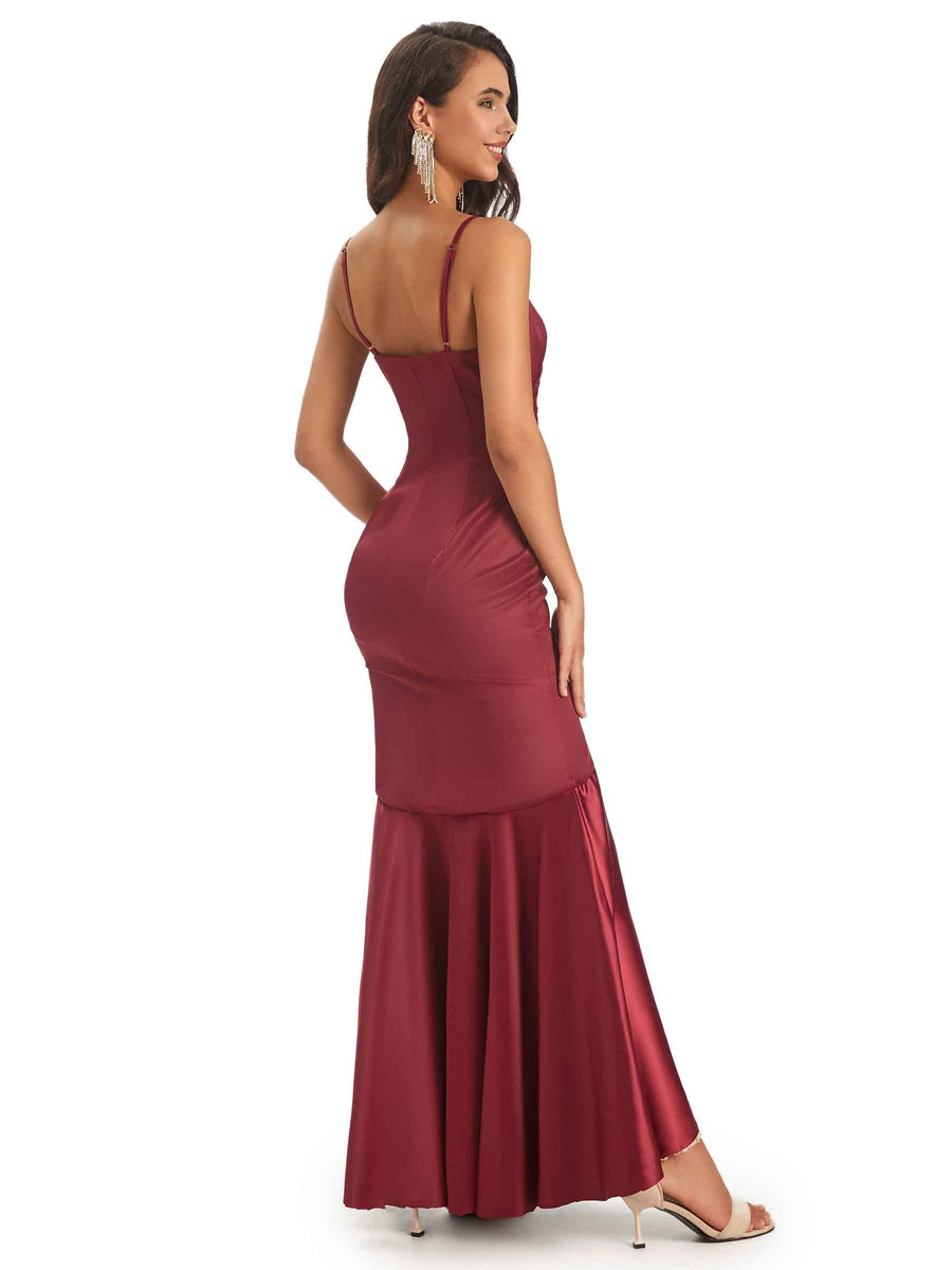 High Low Spaghetti Straps V-Neck Soft Satin Asymmetrical Fomral Prom Dresses Sale