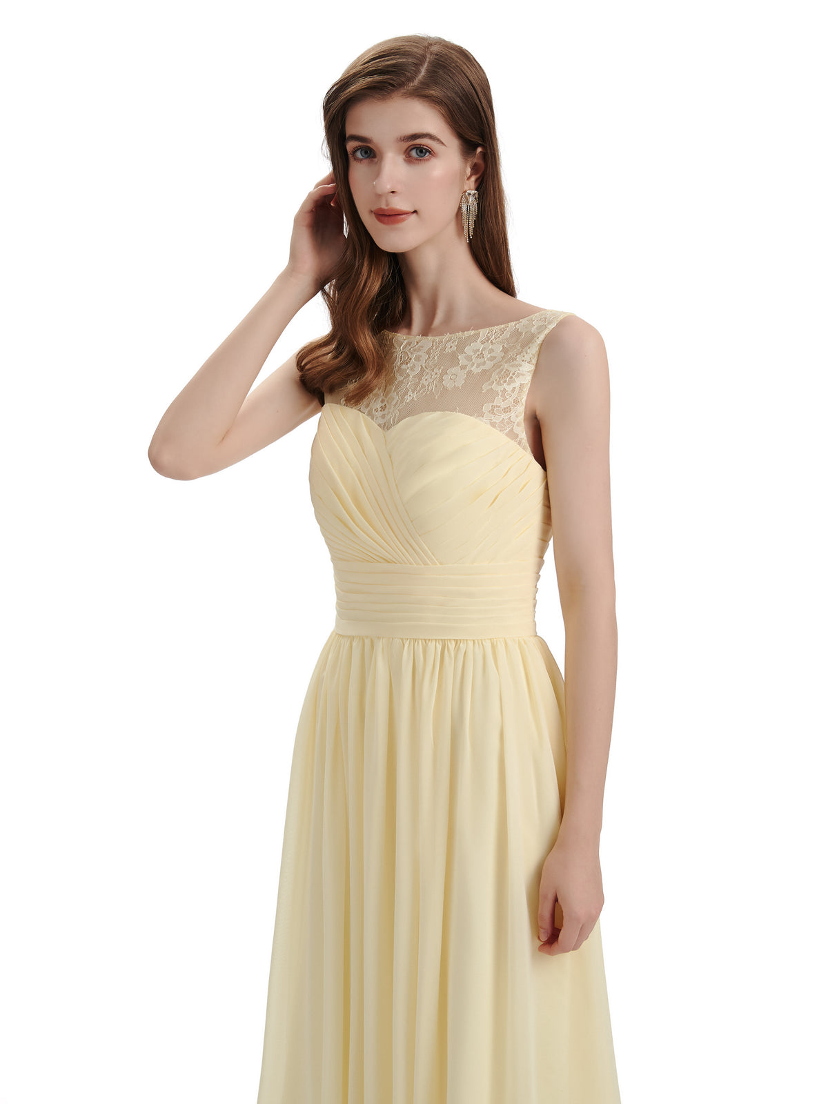 A-Line Round Neck Lace Pleats Floor Length Bridesmaid Dresses