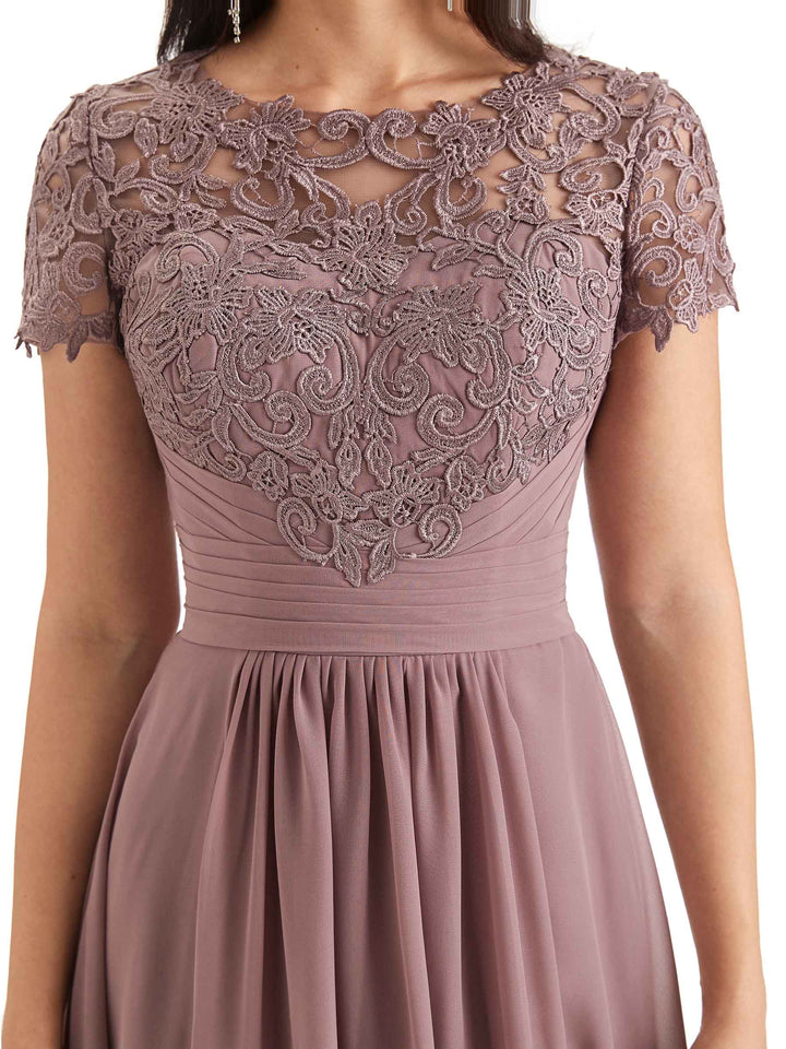 Elegant A-line Chiffon Lace Jewel Short Sleeves High Low Mother Of The Bride Dresses