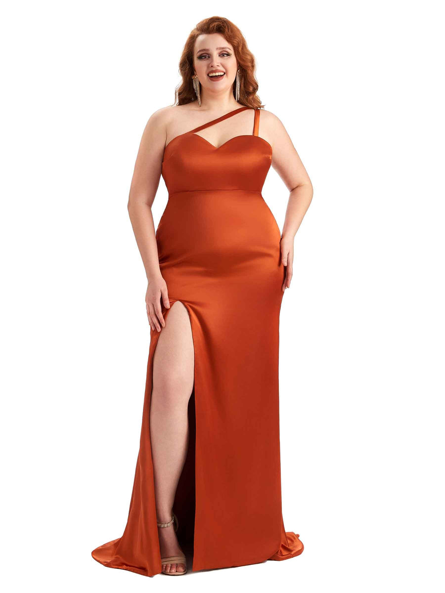 Plus Size Sexy Side Slit Mermaid One Shoulder Soft Satin Long Bridesmaid Dress For Wedding