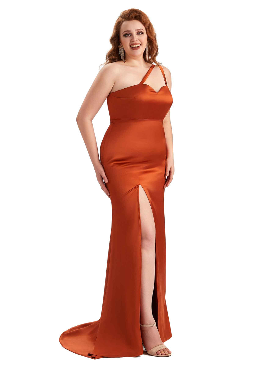 Plus Size Sexy Side Slit Mermaid One Shoulder Soft Satin Long Bridesmaid Dress For Wedding