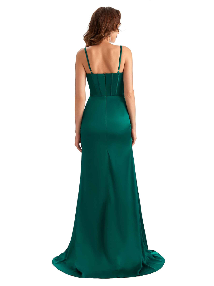Sexy Side Slit Mermaid Silky Satin V-neck Unique Long Petitie Bridesmaid Dresses Online