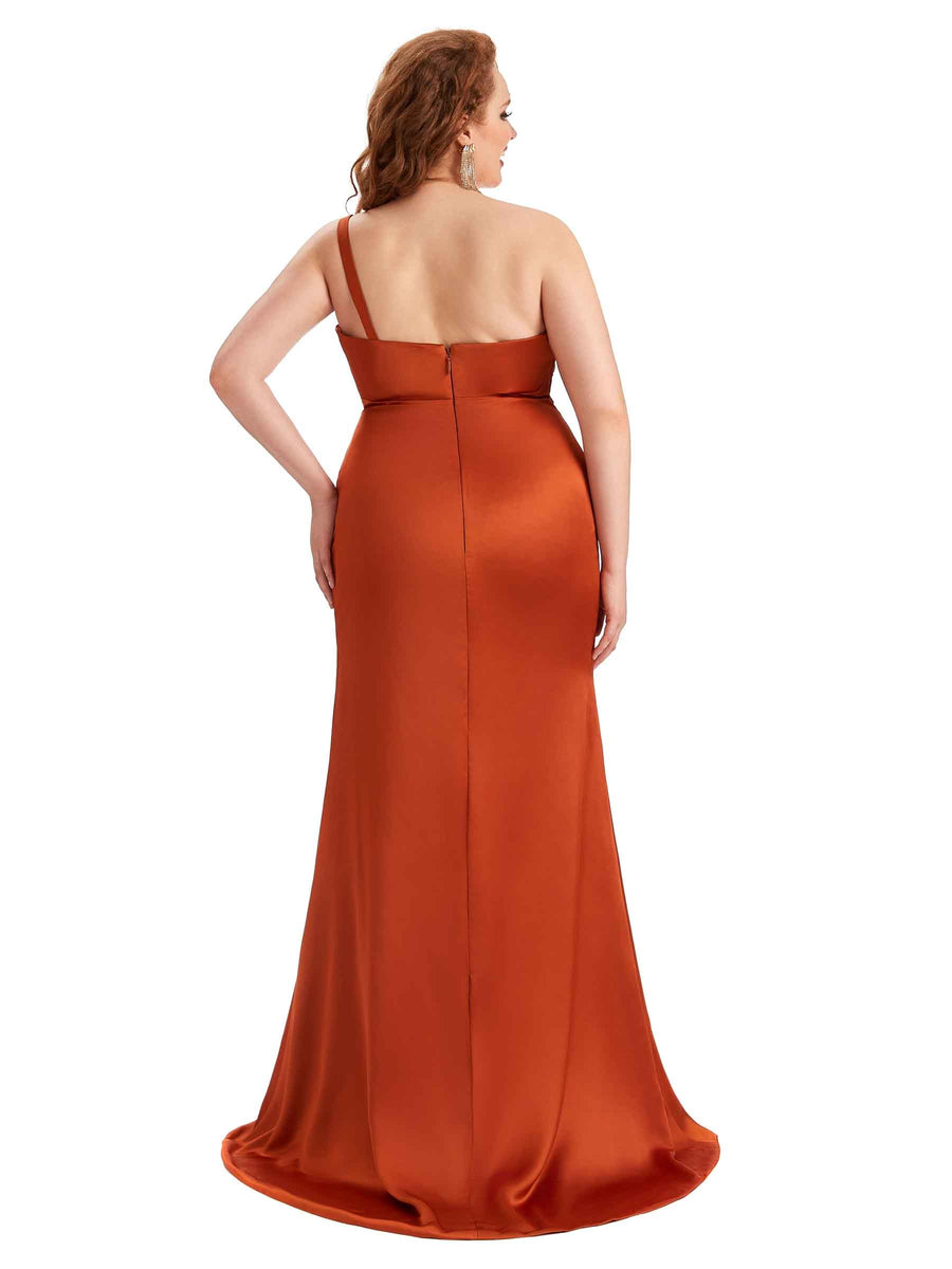 Plus Size Sexy Side Slit Mermaid One Shoulder Soft Satin Long Bridesmaid Dress For Wedding