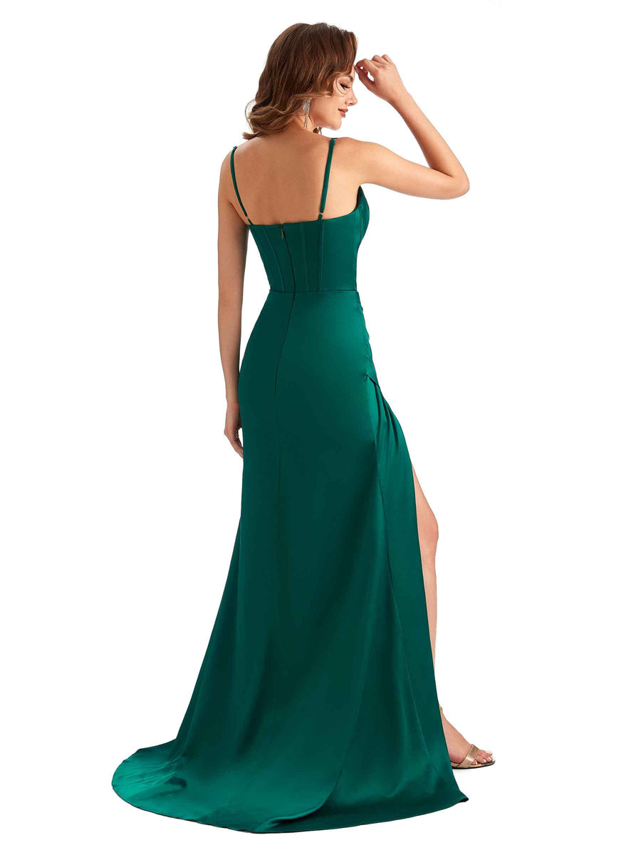 Sexy Side Slit Mermaid Silky Satin V-neck Unique Long Petitie Bridesmaid Dresses Online