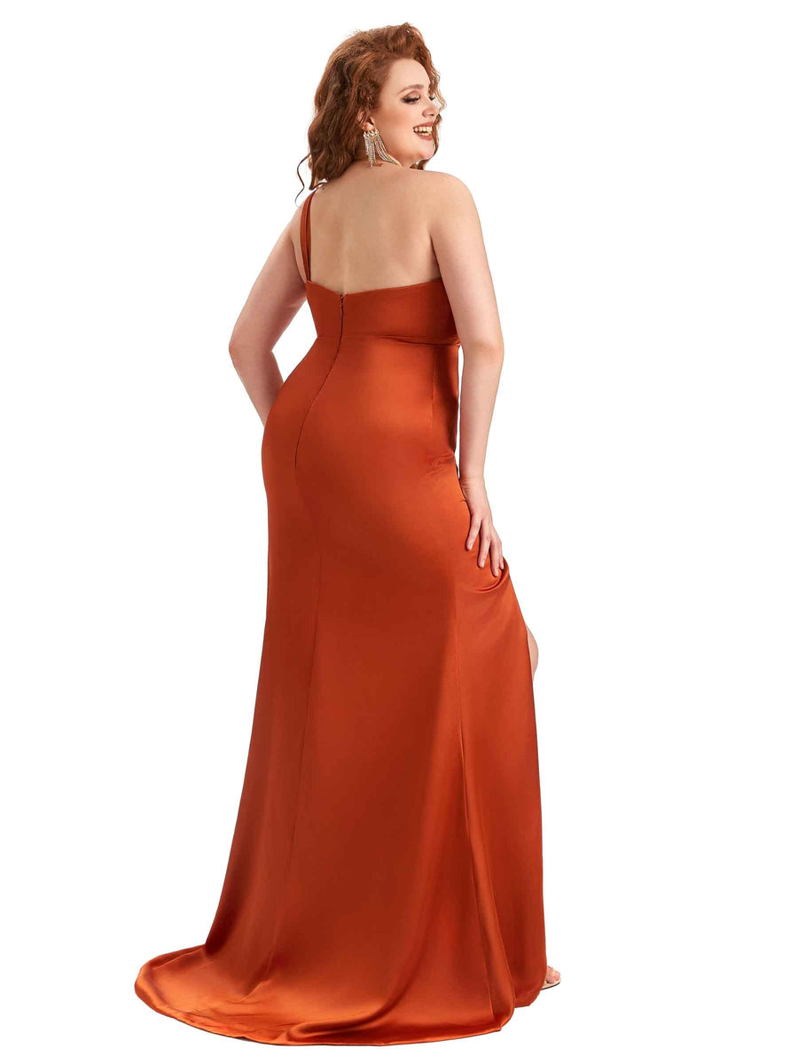 Plus Size Sexy Side Slit Mermaid One Shoulder Soft Satin Long Bridesmaid Dress For Wedding