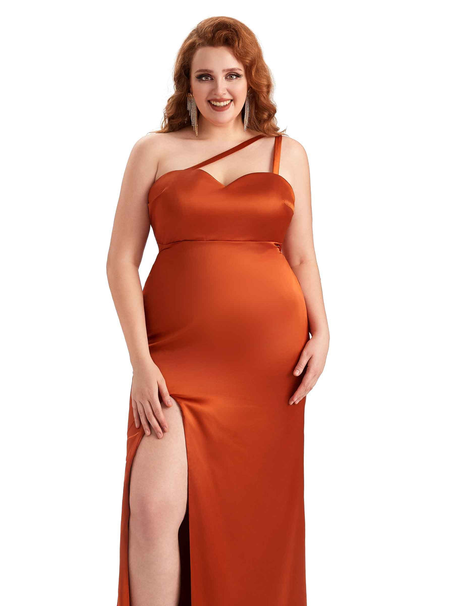 Plus Size Sexy Side Slit Mermaid One Shoulder Soft Satin Long Bridesmaid Dress For Wedding