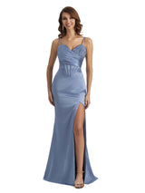 Sexy Side Slit Spaghetti Straps Lace Mermaid Petite Wedding Guest Dresses