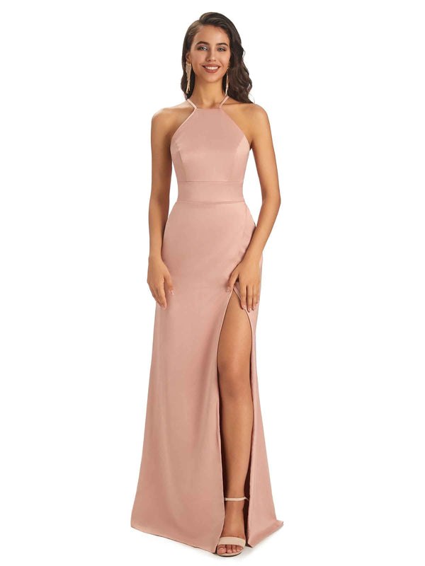 Sexy Satin Halter Criss-Cross Side Slit Long Graduation Prom Dresses Online Sale
