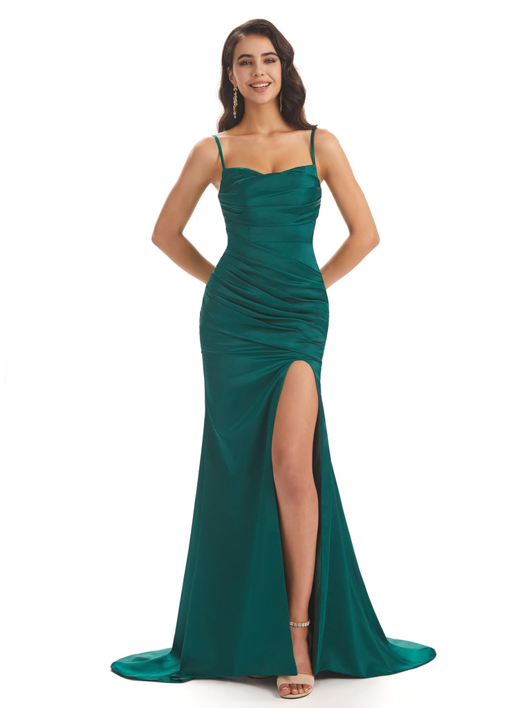 Mermaid Soft Satin Spaghetti Straps Side Slit Bridesmaid Dresses Online