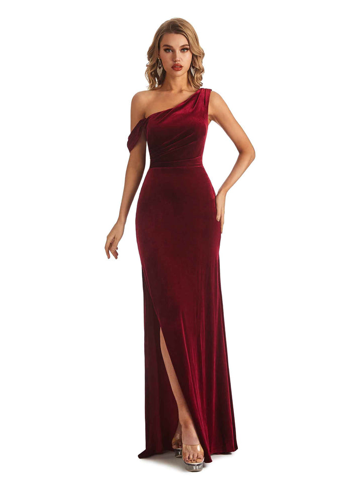 Elegant Mermaid Asymmetrical Side Slit Velvet Long Wedding Guest Dresses