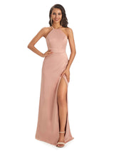 Sexy Satin Halter Criss-Cross Side Slit Long Prom Dresses Online