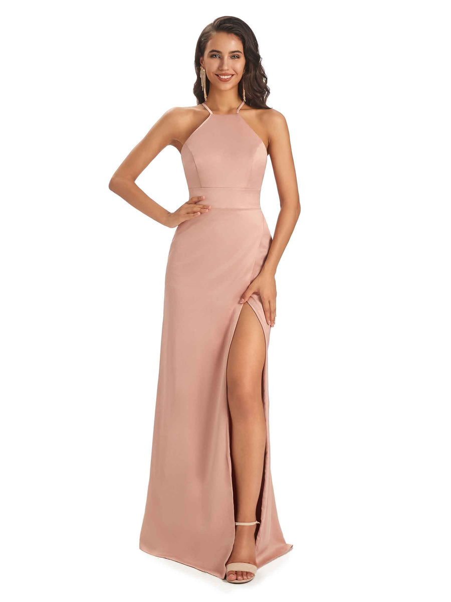 Sexy Satin Halter Criss-Cross Side Slit Long Prom Dresses Online