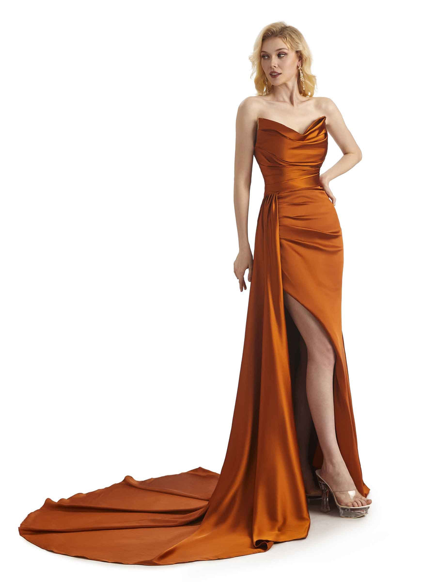 Unique Sweetheart Side Slit Long Ruched Satin Maxi Evening Formal Dress With Waist Drape