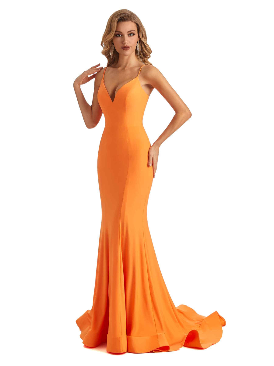 Sexy Mermaid Spaghetti Straps V-neck Stretchy Jersey Long Formal Bridesmaid Dresses