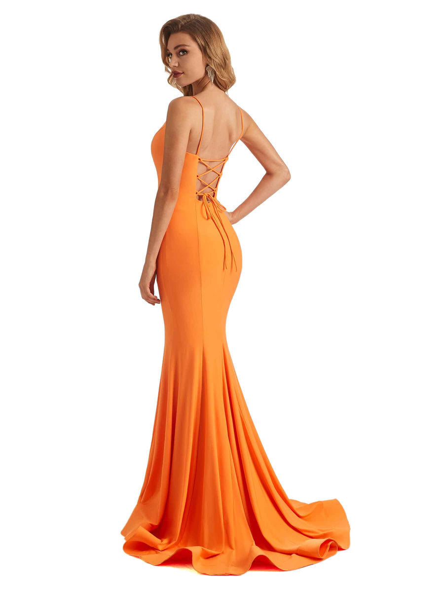 Sexy Mermaid Spaghetti Straps V-neck Stretchy Jersey Long Formal Bridesmaid Dresses