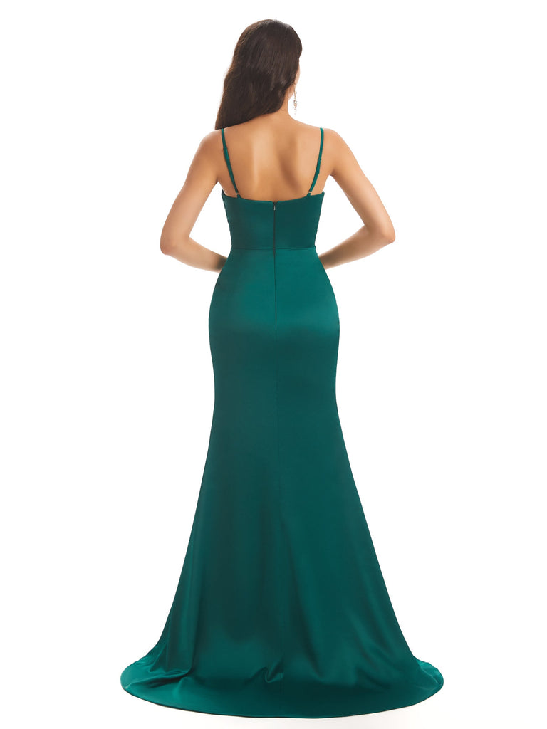 Sexy Mermaid Soft Satin Spaghetti Long Formal Prom Dresses Online With Slit Sale