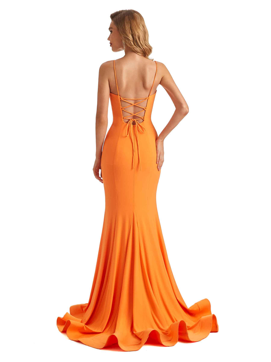 Sexy Mermaid Spaghetti Straps V-neck Stretchy Jersey Long Formal Bridesmaid Dresses