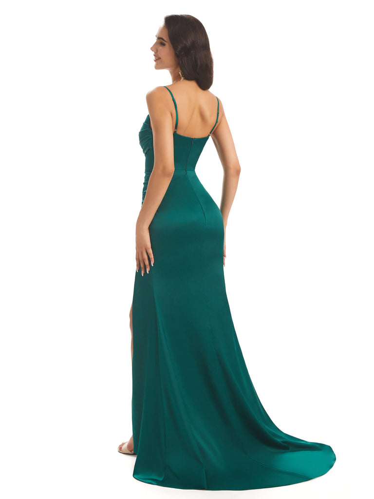 Sexy Mermaid Soft Satin Spaghetti Long Prom Dresses Online With Slit
