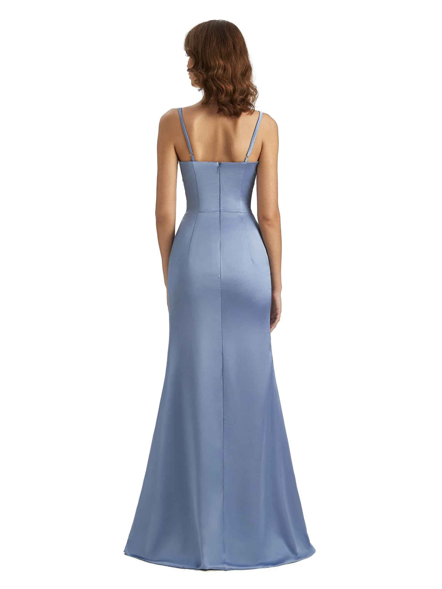 Sexy Side Slit Spaghetti Straps Lace Mermaid Petite Bridesmaid Dresses In Satin