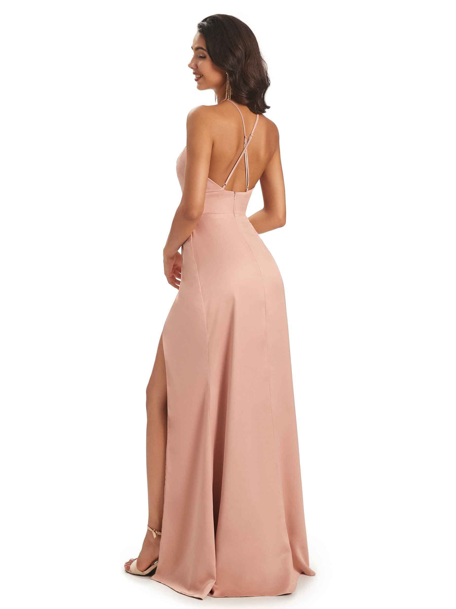 Sexy Satin Halter Criss-Cross Side Slit Long Prom Dresses Online