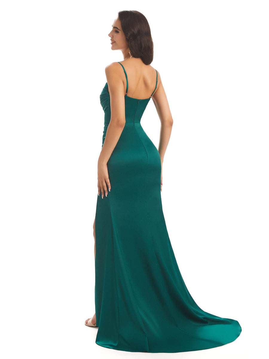 Mermaid Spaghetti Straps Side Slit Satin Evening Formal Dresses For Women