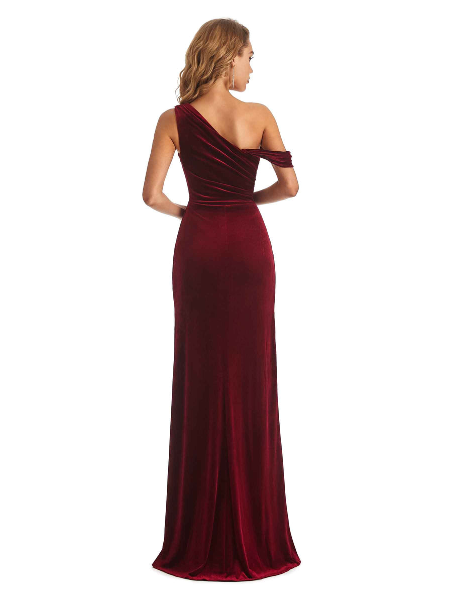 Elegant Mermaid Asymmetrical Side Slit Velvet Long Bridesmaid Dresses