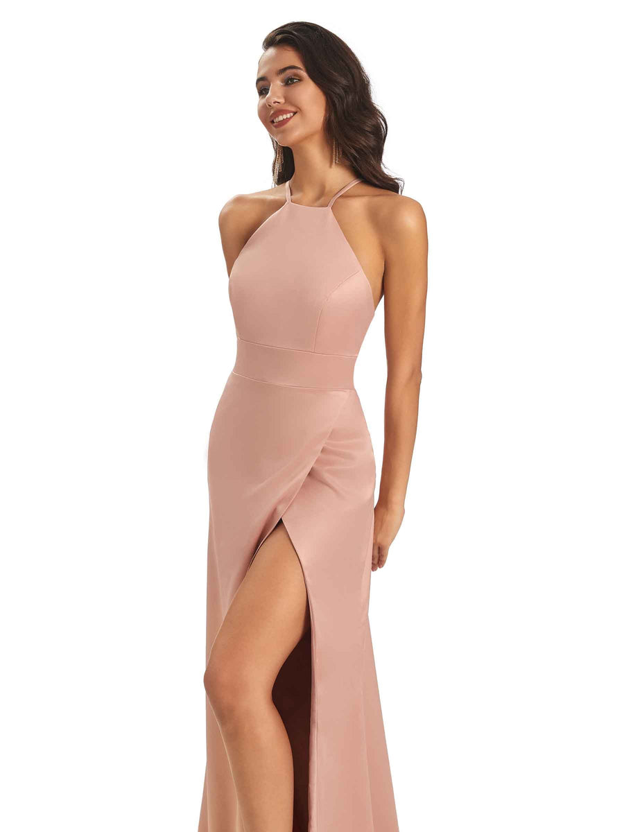 Sexy Satin Halter Criss-Cross Side Slit Long Prom Dresses Online