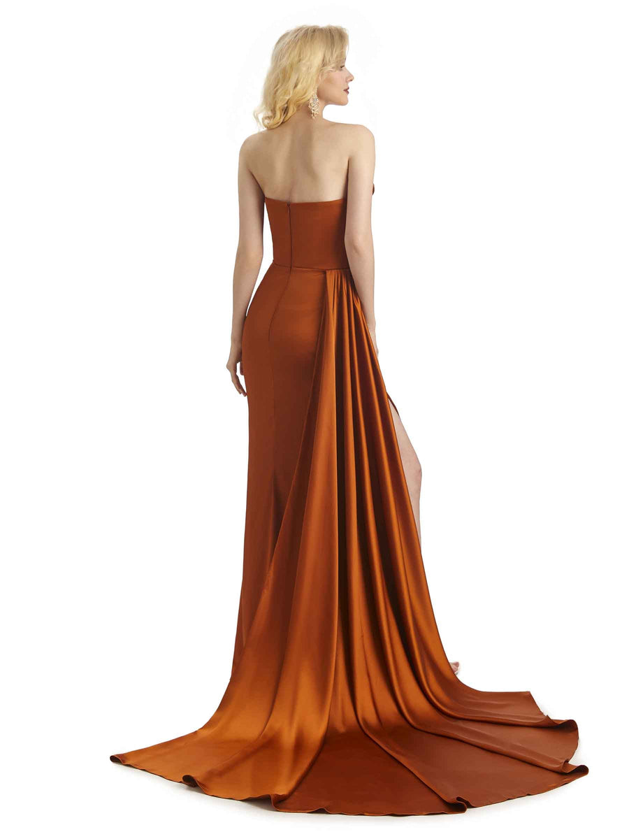 Unique Sweetheart Side Slit Long Ruched Satin Maxi Evening Formal Dress With Waist Drape