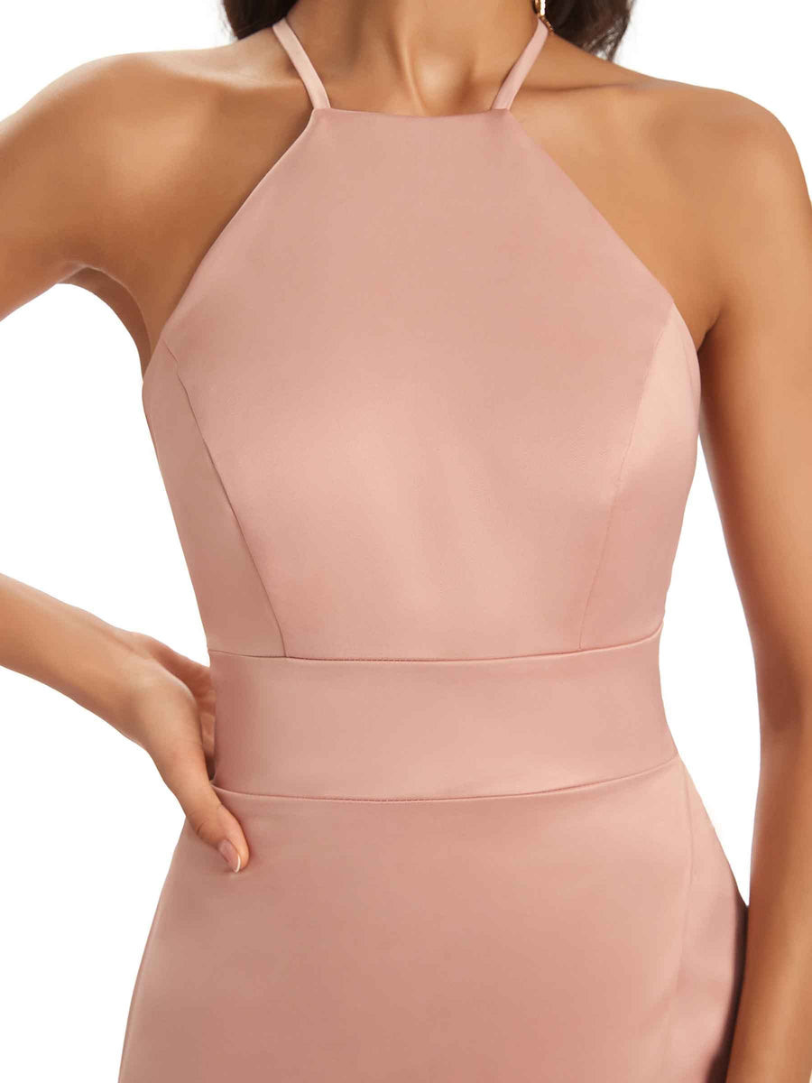 Sexy Satin Halter Criss-Cross Side Slit Long Prom Dresses Online
