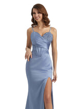 Sexy Side Slit Spaghetti Straps Lace Mermaid Petite Wedding Guest Dresses