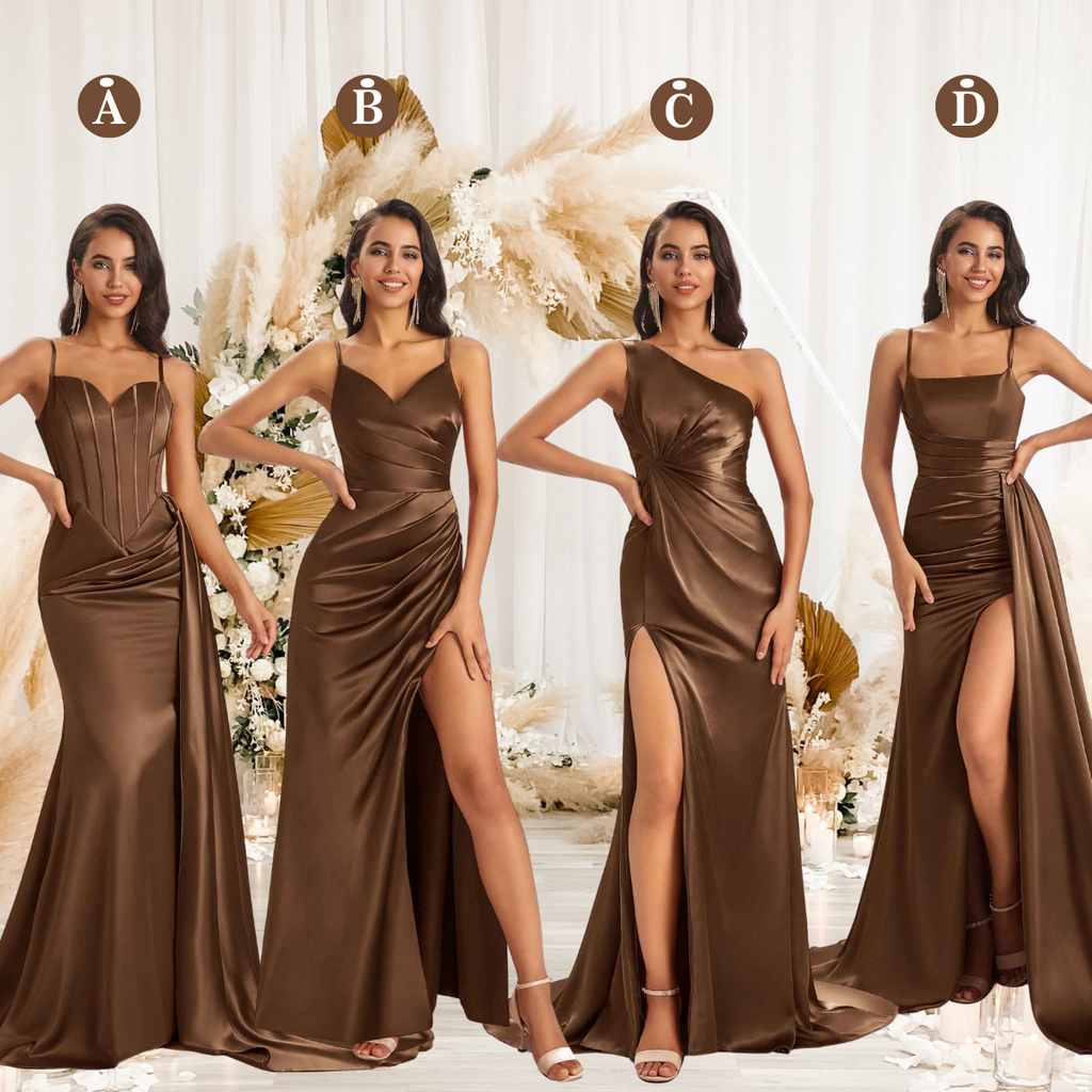 Chicsew Mix and Match Brown Satin Long Bridesmaid Dresses Sexy Side Split Mermaid / Mismatched Bridesmaid dresses, Brown / C Chicsew Mix and Match Brown Satin Long Bridesmaid Dresses Sexy Side Split Mermaid / Mismatched Bridesmaid dresses, Brown / C