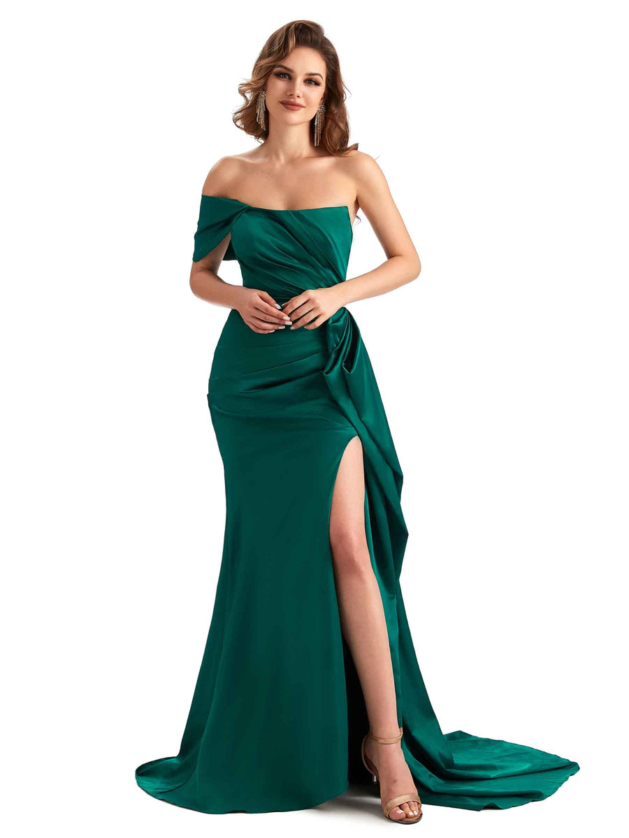 Sexy Side Slit Mermaid Silky Satin One shoulder Chic Long Maid of Honor Dresses