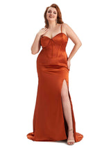 Sexy Spaghetti Straps Side Slit Mermaid Soft Satin Long Plus Size Dress To Wear to a Wedding