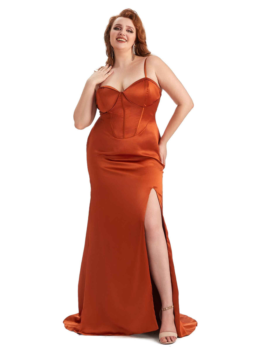 Sexy Spaghetti Straps Side Slit Mermaid Soft Satin Long Plus Size Dress To Wear to a Wedding