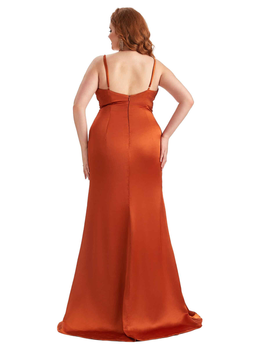 Sexy Spaghetti Straps Side Slit Mermaid Soft Satin Long Plus Size Dress To Wear to a Wedding