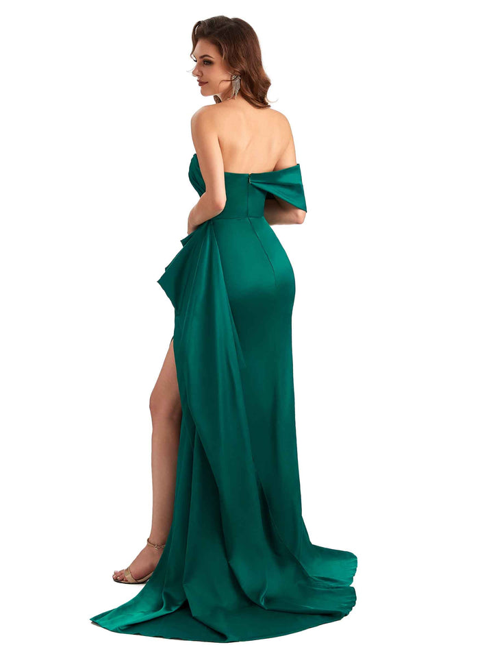 Sexy Side Slit Mermaid Silky Satin One shoulder Chic Long Maid of Honor Dresses