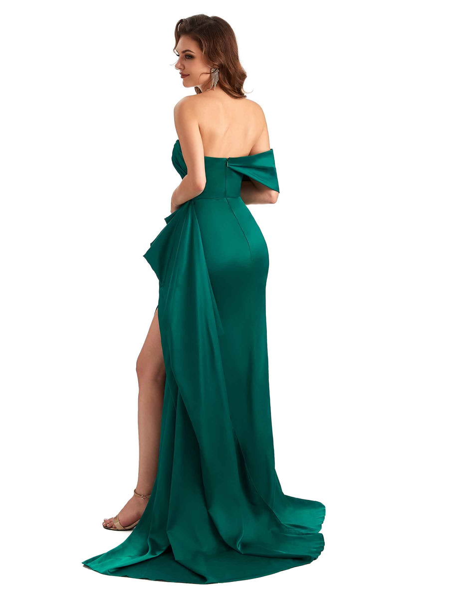 Sexy Side Slit Mermaid Silky Satin One shoulder Chic Long Maid of Honor Dresses