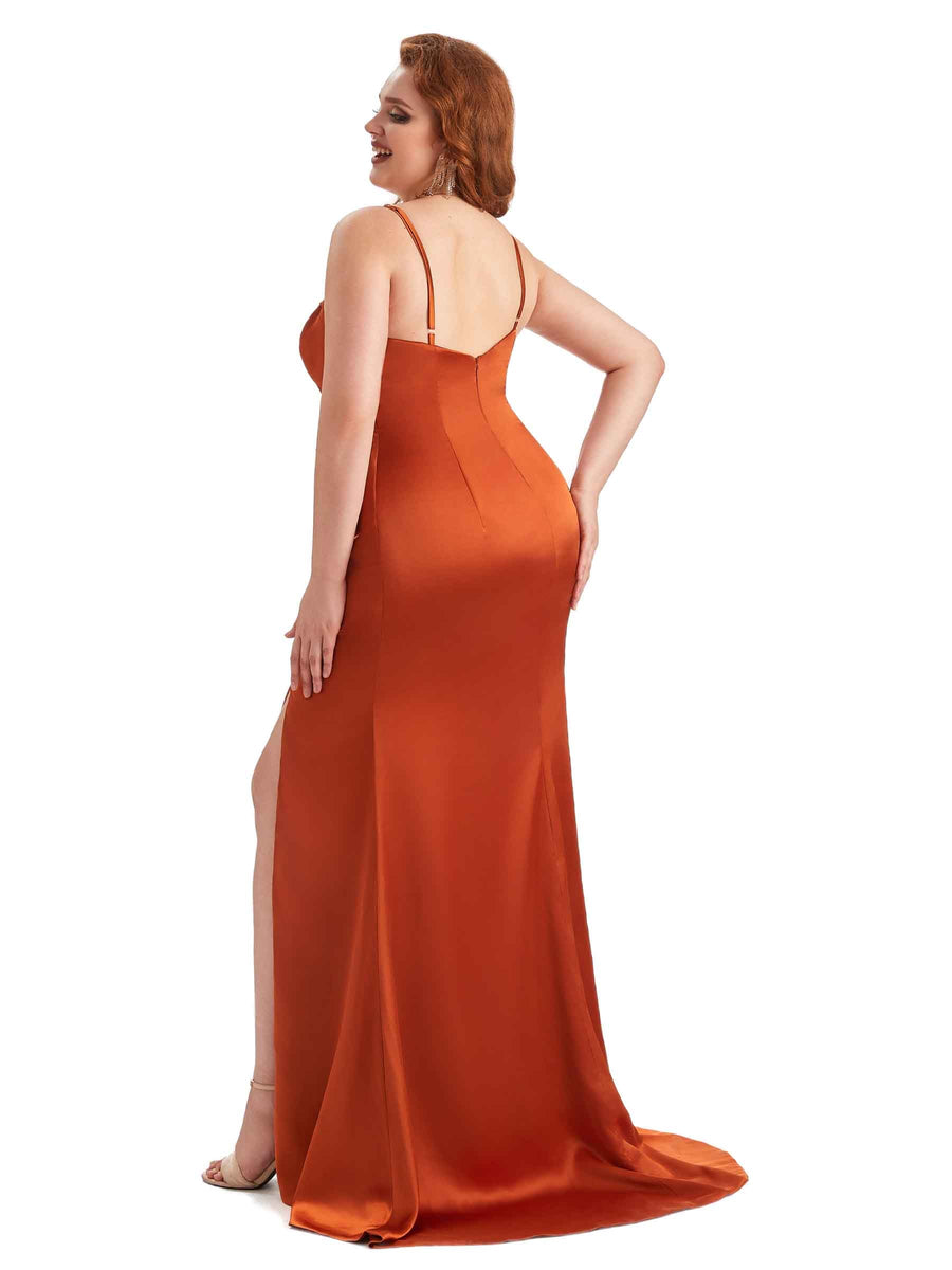Sexy Spaghetti Straps Side Slit Mermaid Soft Satin Long Plus Size Dress To Wear to a Wedding