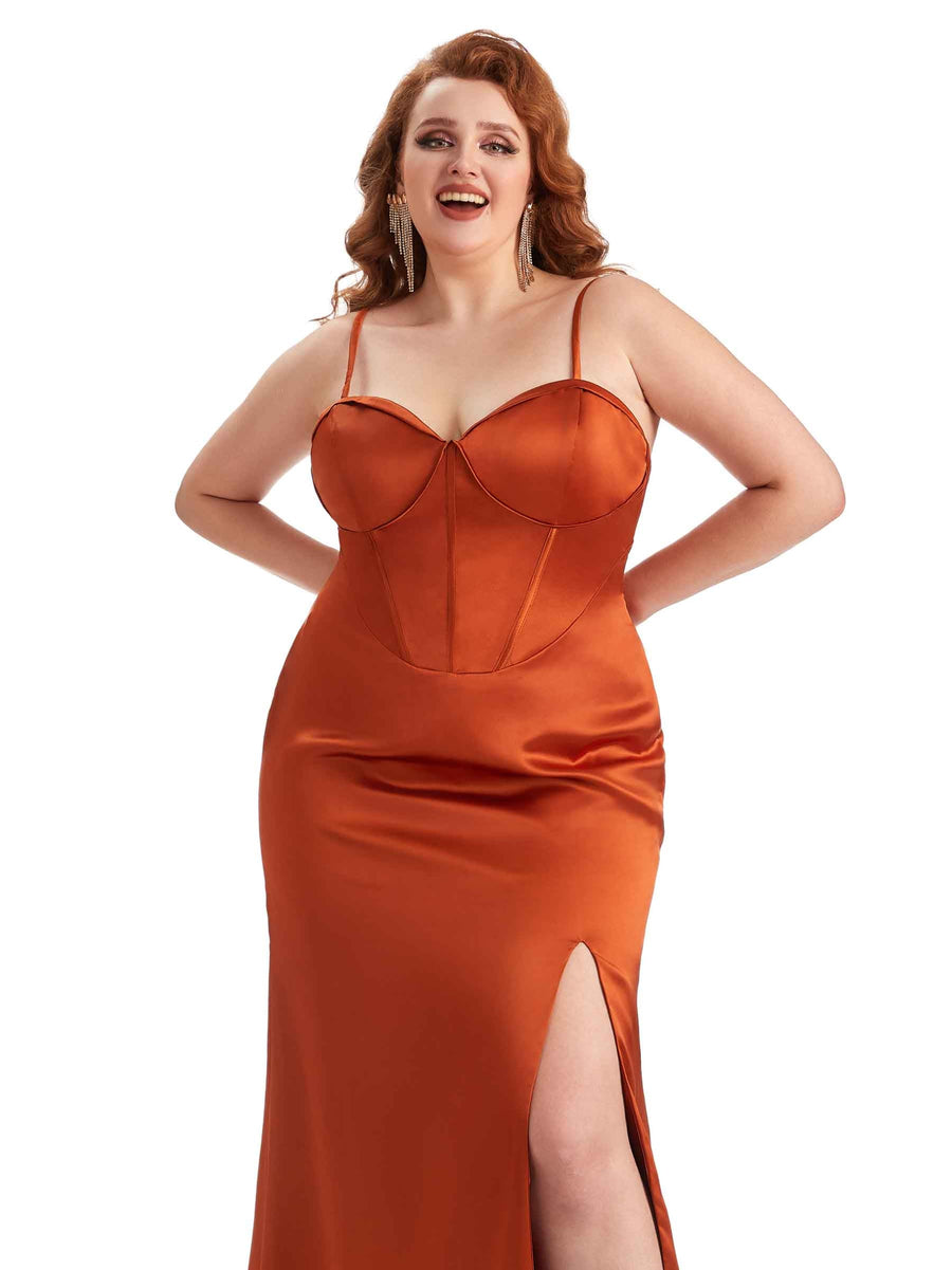 Sexy Spaghetti Straps Side Slit Mermaid Soft Satin Long Plus Size Dress To Wear to a Wedding