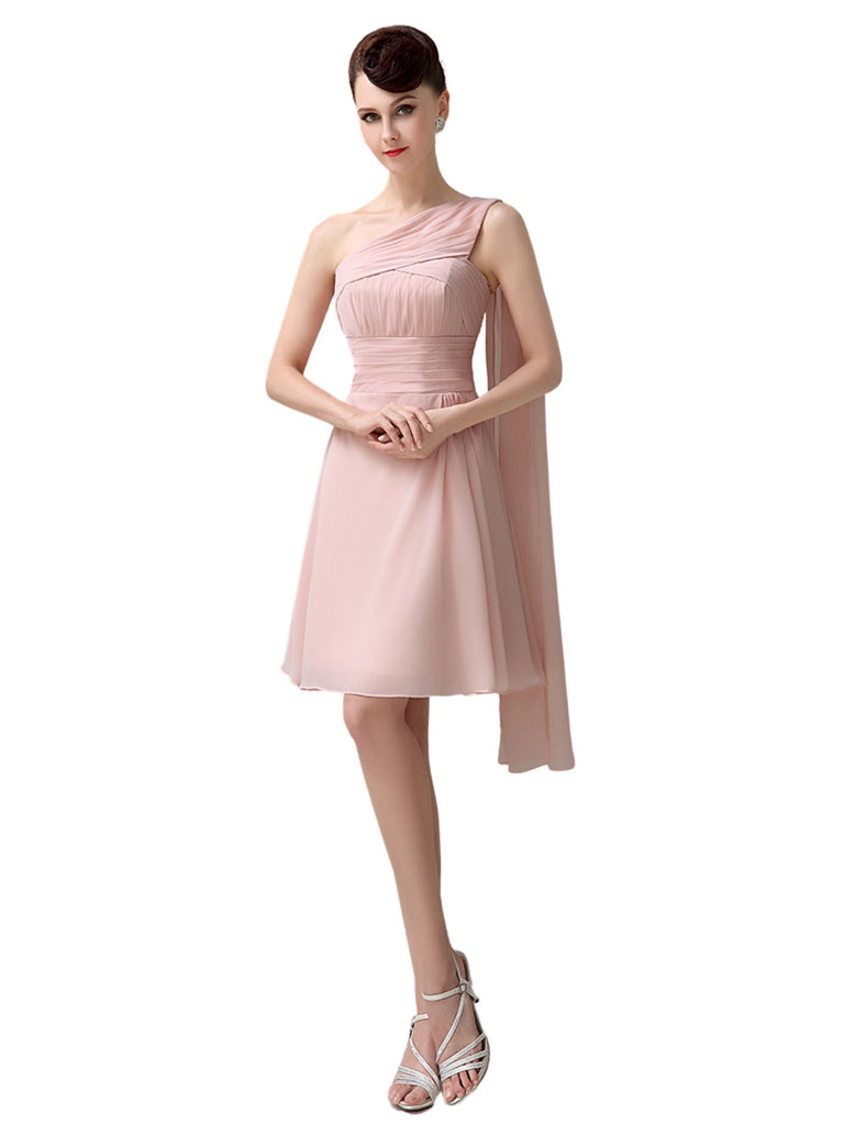 A-line Chiffon One Shoulder Unique Short Bridesmaid Dresses