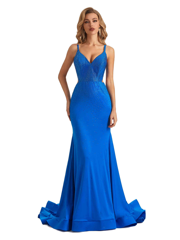 Royal Blue Heavily Beaded Spaghetti Straps Mermaid Floor-length Long Party Prom Dresses