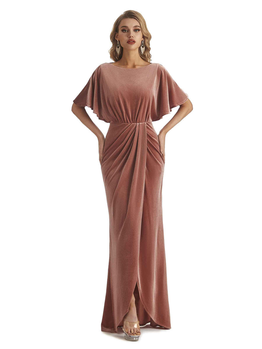 Elegant Mermaid Cap Sleeves Middle Slit Velvet Long Bridesmaid Dresses