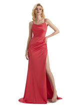 Sexy Soft Satin Side Slit Mermaid Spaghetti Straps Long Party Prom Dresses Online