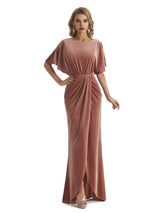 Elegant Mermaid Bat Sleeves Front Slit Velvet Long Wedding Guest Dresses