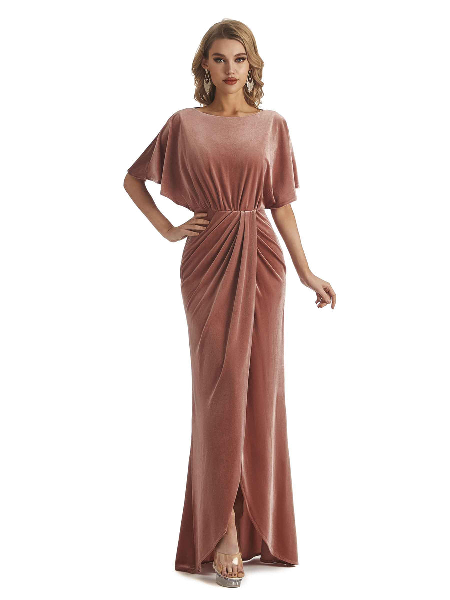 Elegant Mermaid Cap Sleeves Middle Slit Velvet Long Bridesmaid Dresses