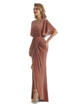 Elegant Mermaid Bat Sleeves Front Slit Velvet Long Wedding Guest Dresses