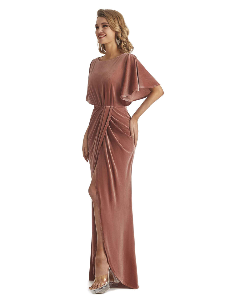 Elegant Mermaid Bat Sleeves Front Slit Velvet Long Wedding Guest Dresses